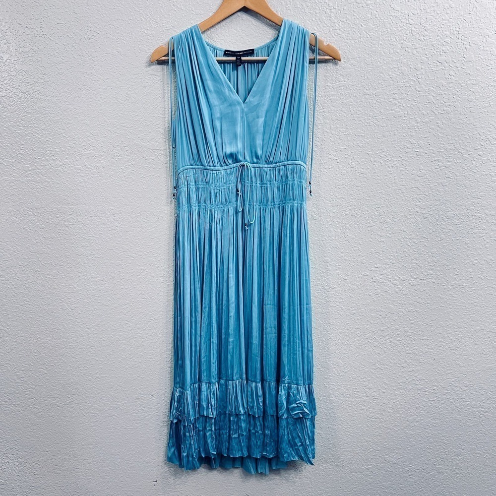 WHITE HOUSE BLACK MARKET TEAL BLUE SLEEVELESS PLEATED V NECK MIDI DRESS Size XS - Picture 2 of 11
